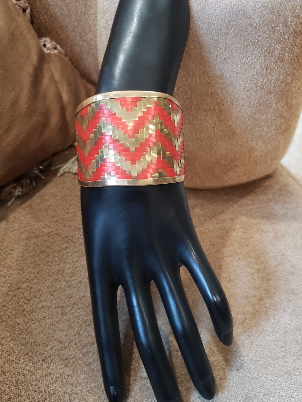Gold & Coral Chevron Wide Cuff Bracelet